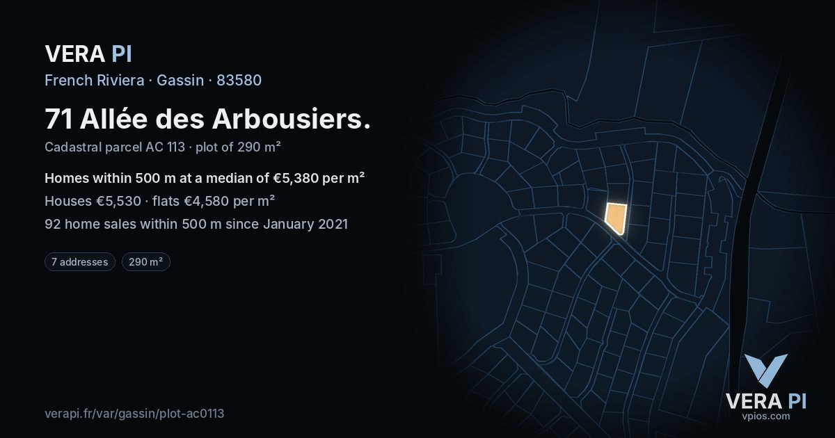 71 Allée des Arbousiers, Gassin at night – the plot lit, the parcels around coloured by the prices near them