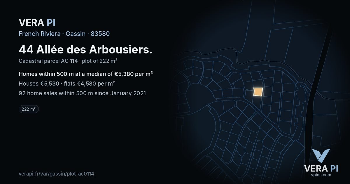 44 Allée des Arbousiers, Gassin at night – the plot lit, the parcels around coloured by the prices near them