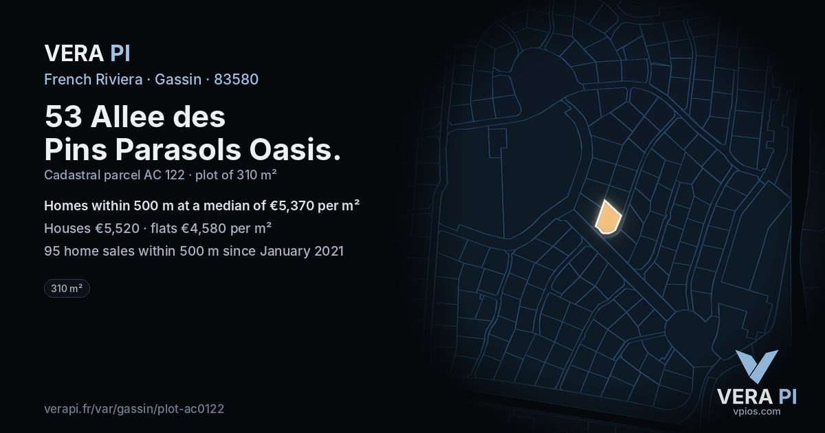 53 Allee des Pins Parasols Oasis, Gassin at night – the plot lit, the parcels around coloured by the prices near them