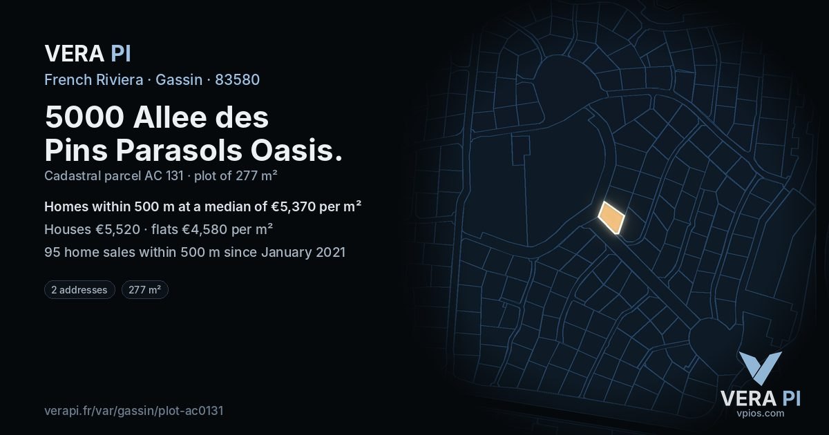 5000 Allee des Pins Parasols Oasis, Gassin at night – the plot lit, the parcels around coloured by the prices near them
