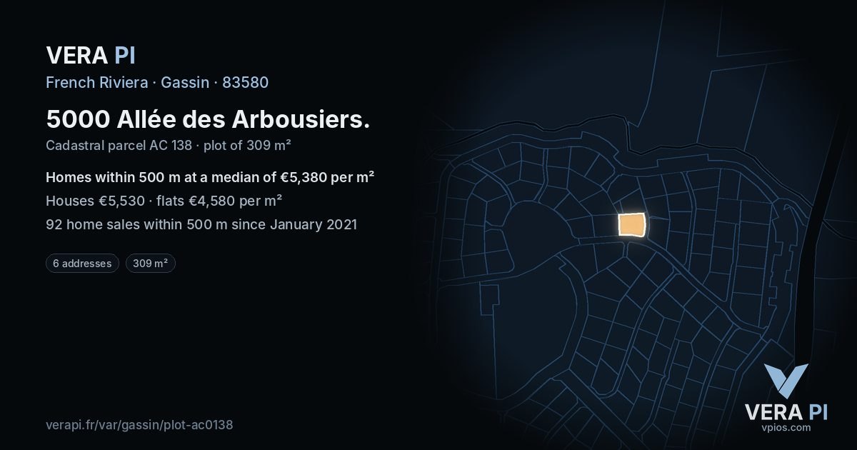 5000 Allée des Arbousiers, Gassin at night – the plot lit, the parcels around coloured by the prices near them