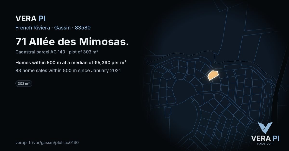 71 Allée des Mimosas, Gassin at night – the plot lit, the parcels around coloured by the prices near them