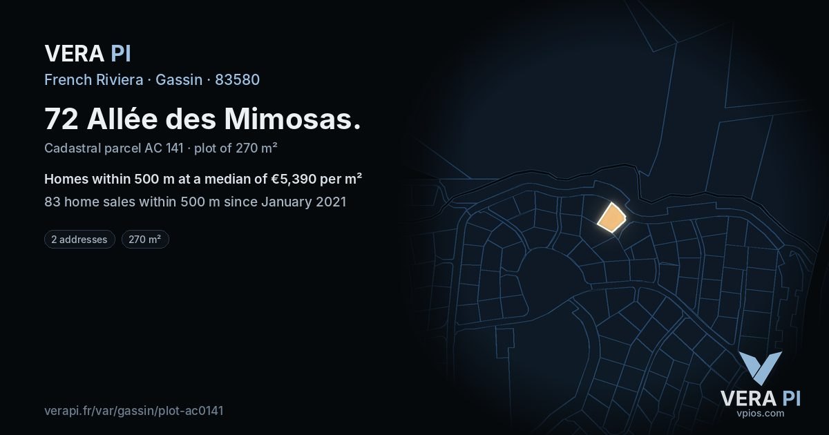 72 Allée des Mimosas, Gassin at night – the plot lit, the parcels around coloured by the prices near them