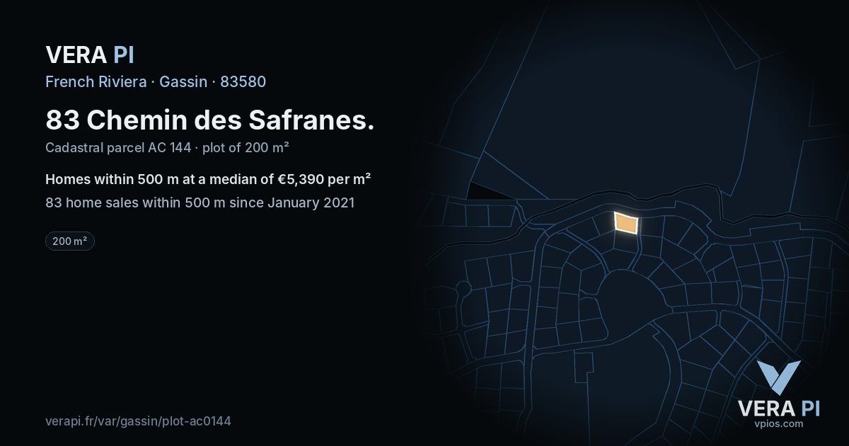83 Chemin des Safranes, Gassin at night – the plot lit, the parcels around coloured by the prices near them