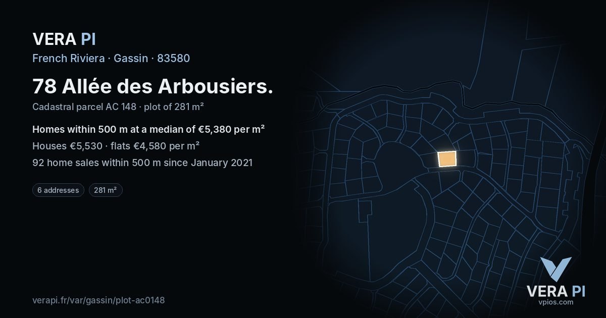 78 Allée des Arbousiers, Gassin at night – the plot lit, the parcels around coloured by the prices near them