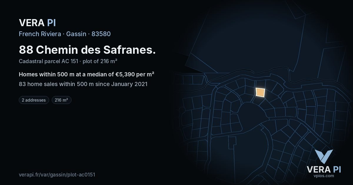 88 Chemin des Safranes, Gassin at night – the plot lit, the parcels around coloured by the prices near them