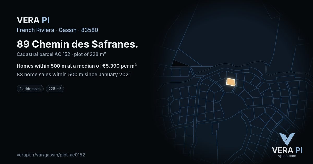 89 Chemin des Safranes, Gassin at night – the plot lit, the parcels around coloured by the prices near them