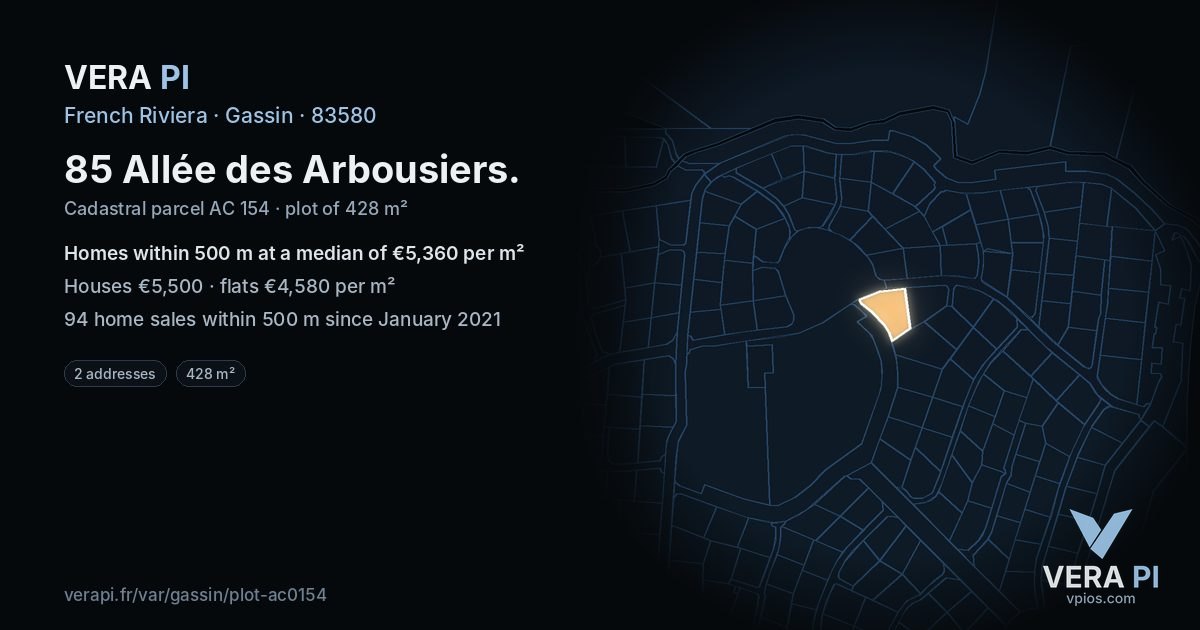 85 Allée des Arbousiers, Gassin at night – the plot lit, the parcels around coloured by the prices near them