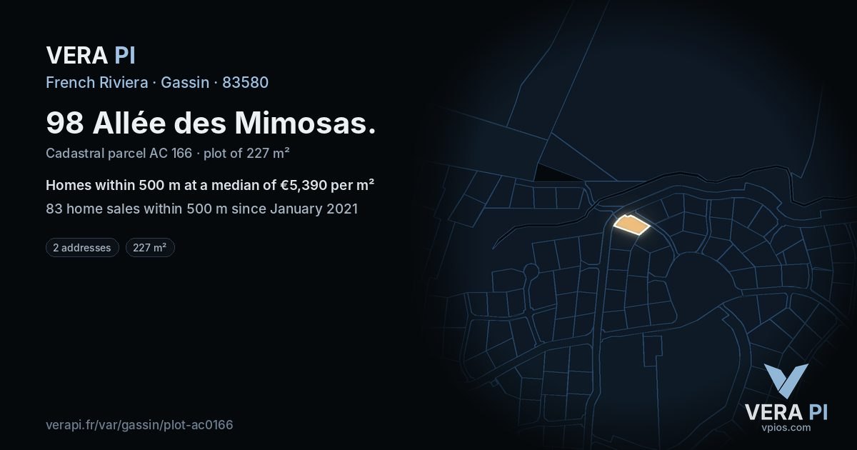 98 Allée des Mimosas, Gassin at night – the plot lit, the parcels around coloured by the prices near them