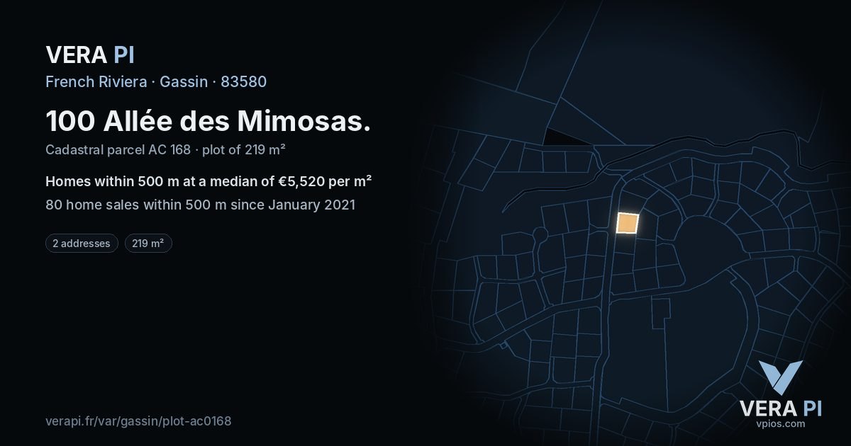100 Allée des Mimosas, Gassin at night – the plot lit, the parcels around coloured by the prices near them