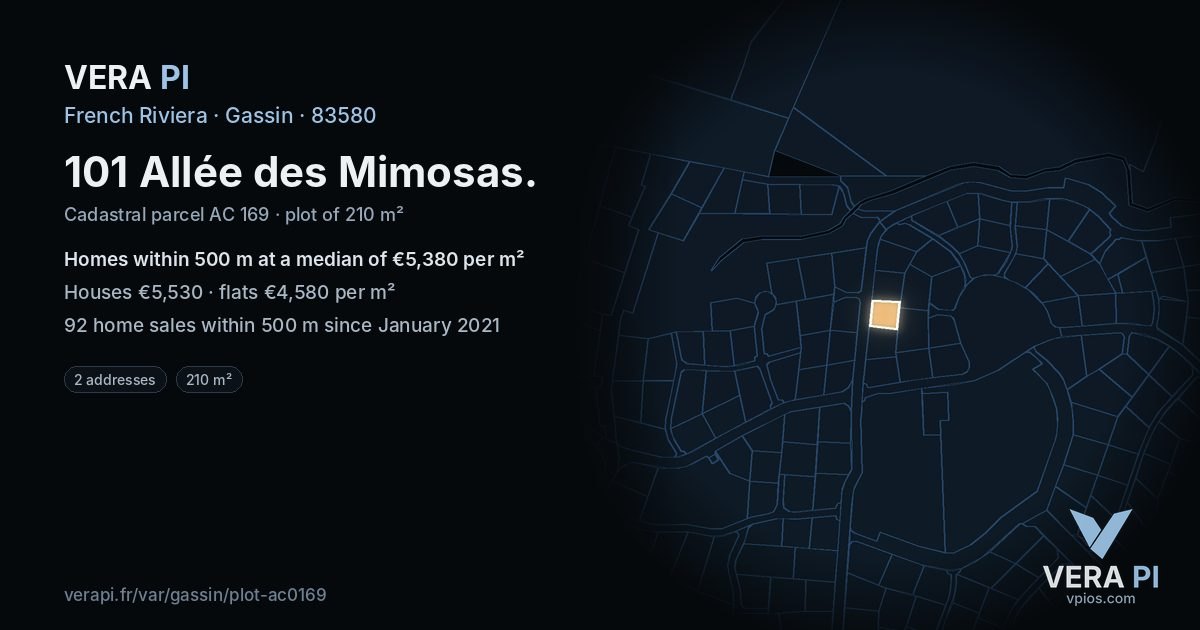 101 Allée des Mimosas, Gassin at night – the plot lit, the parcels around coloured by the prices near them