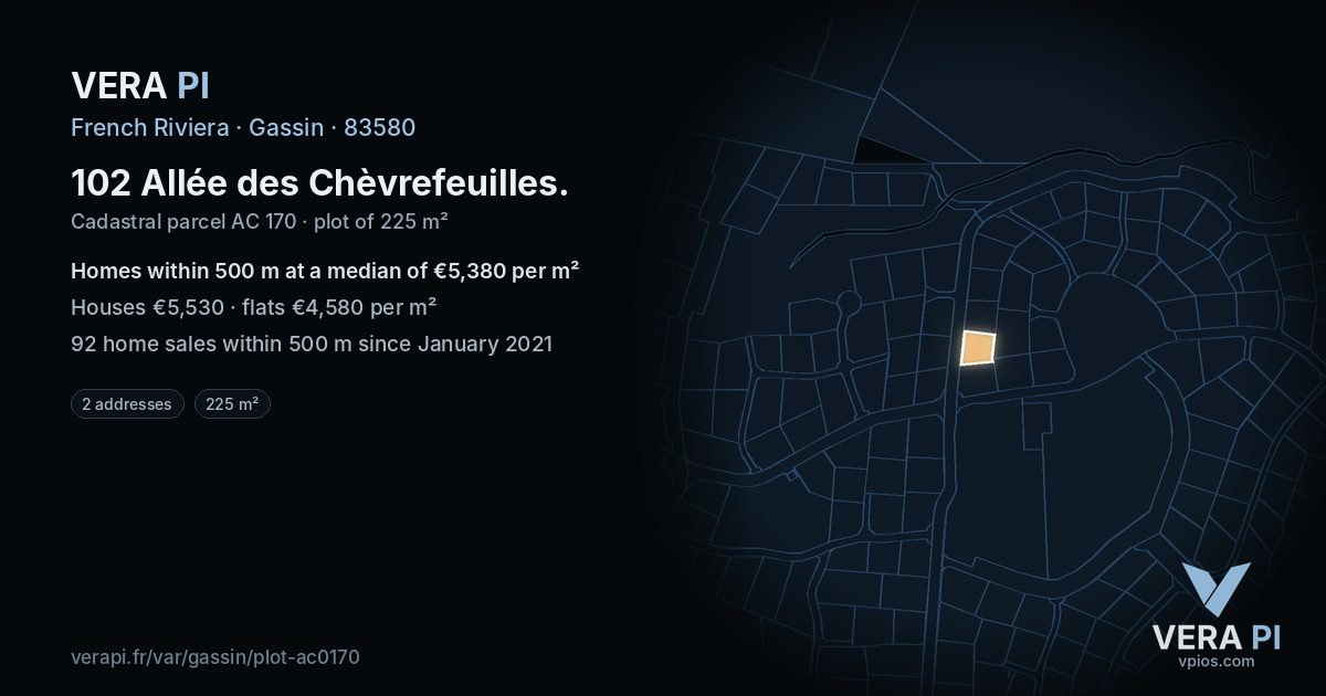 102 Allée des Chèvrefeuilles, Gassin at night – the plot lit, the parcels around coloured by the prices near them
