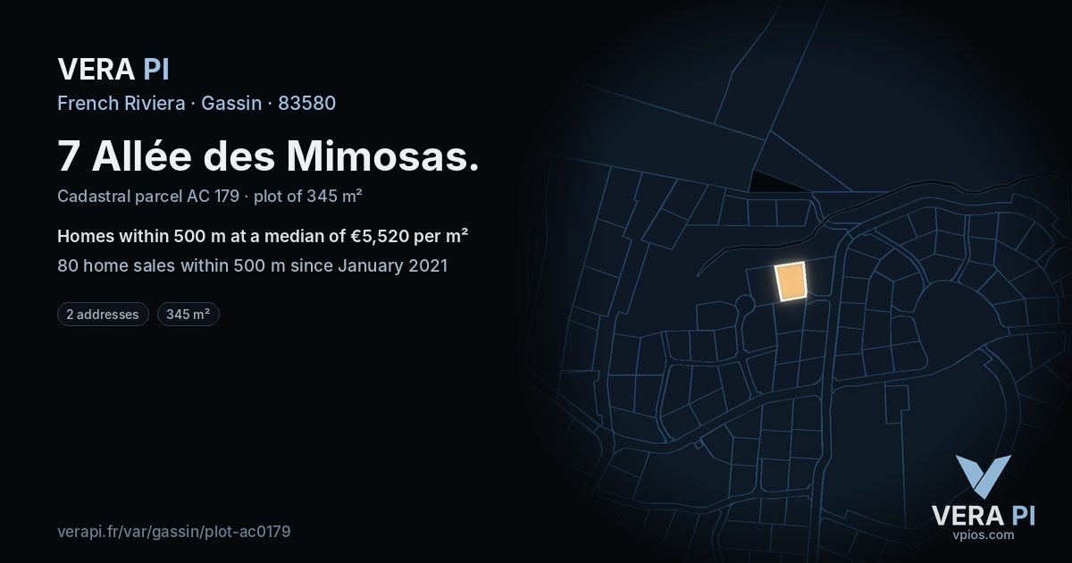7 Allée des Mimosas, Gassin at night – the plot lit, the parcels around coloured by the prices near them