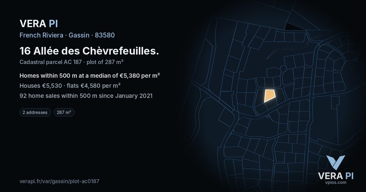 16 Allée des Chèvrefeuilles, Gassin at night – the plot lit, the parcels around coloured by the prices near them