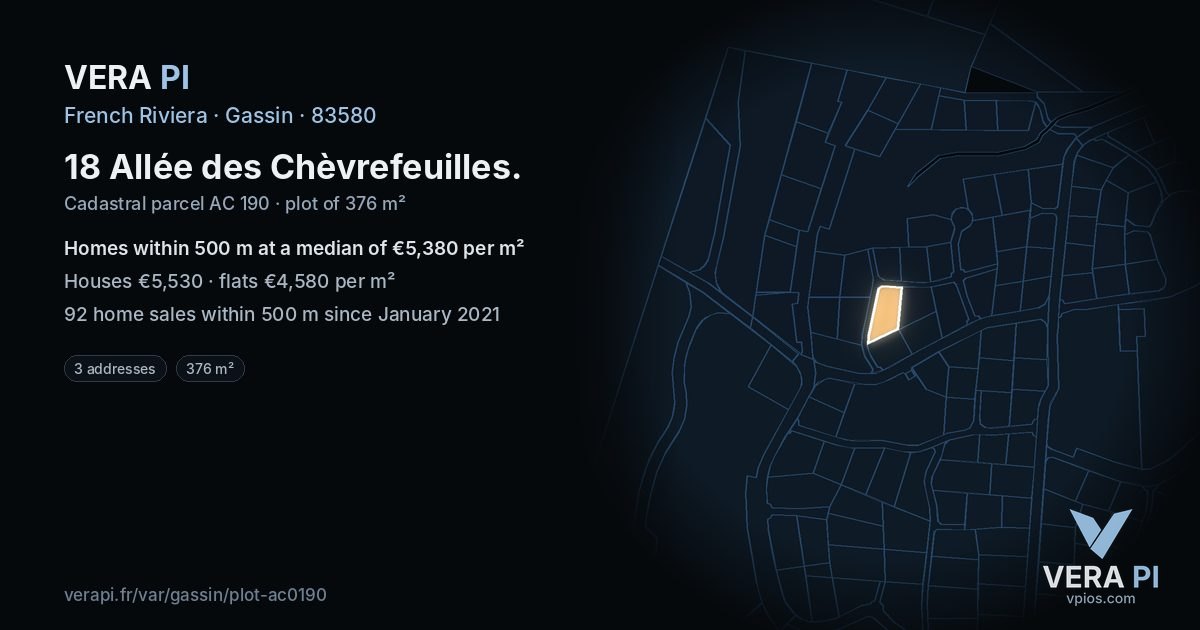 18 Allée des Chèvrefeuilles, Gassin at night – the plot lit, the parcels around coloured by the prices near them