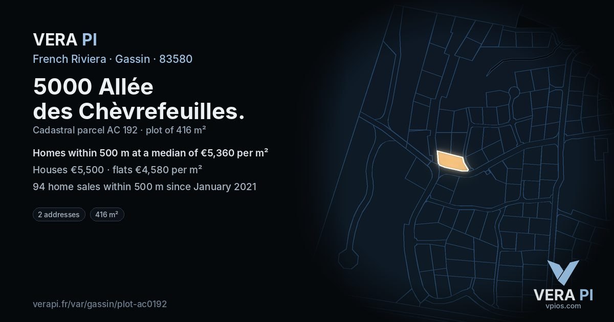 5000 Allée des Chèvrefeuilles, Gassin at night – the plot lit, the parcels around coloured by the prices near them