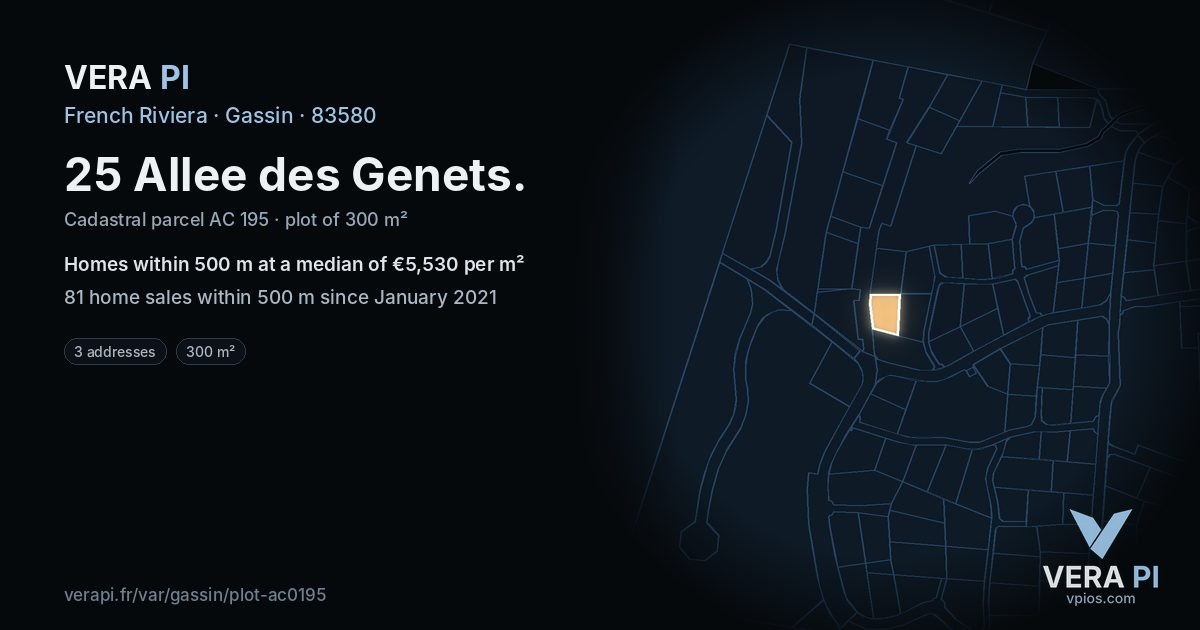 25 Allee des Genets, Gassin at night – the plot lit, the parcels around coloured by the prices near them