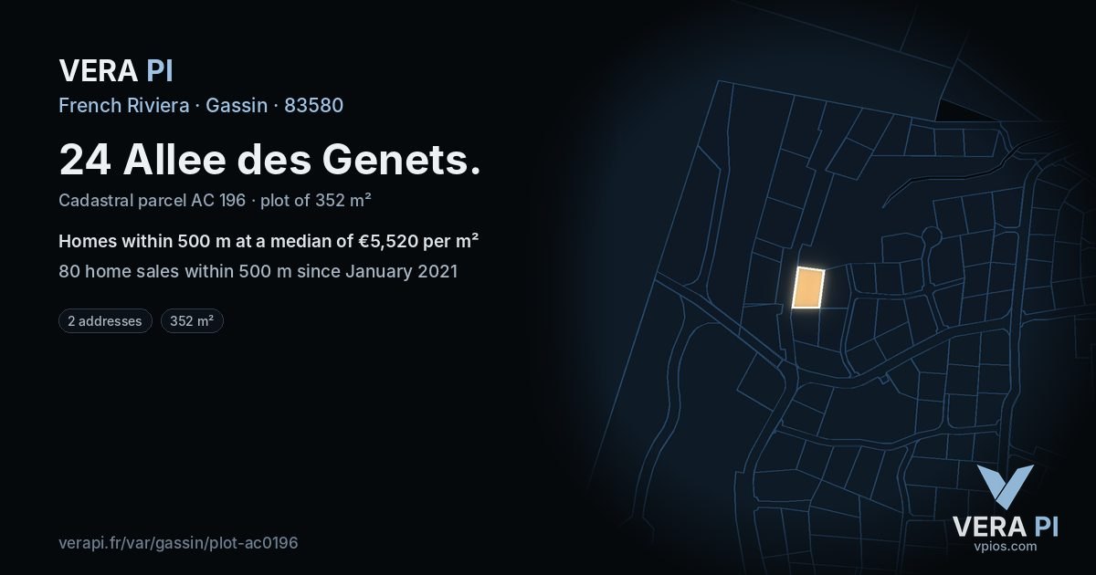 24 Allee des Genets, Gassin at night – the plot lit, the parcels around coloured by the prices near them