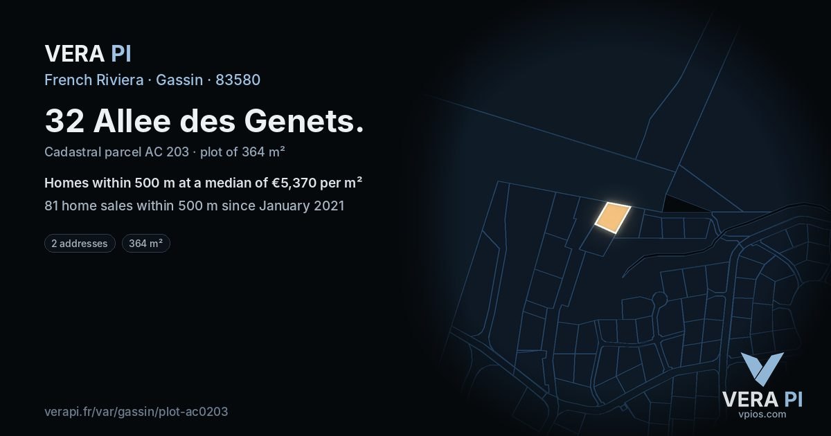 32 Allee des Genets, Gassin at night – the plot lit, the parcels around coloured by the prices near them