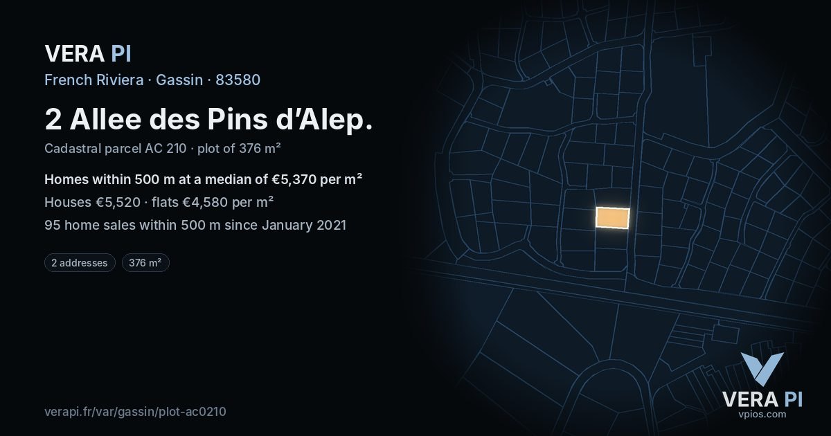 2 Allee des Pins d’Alep, Gassin at night – the plot lit, the parcels around coloured by the prices near them