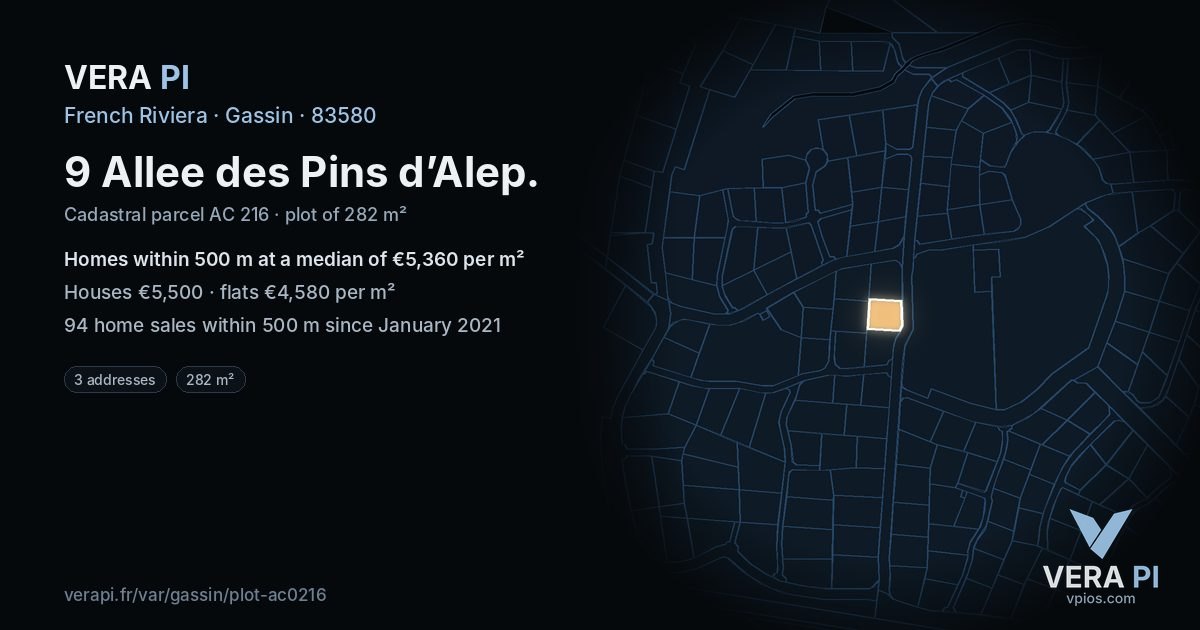 9 Allee des Pins d’Alep, Gassin at night – the plot lit, the parcels around coloured by the prices near them