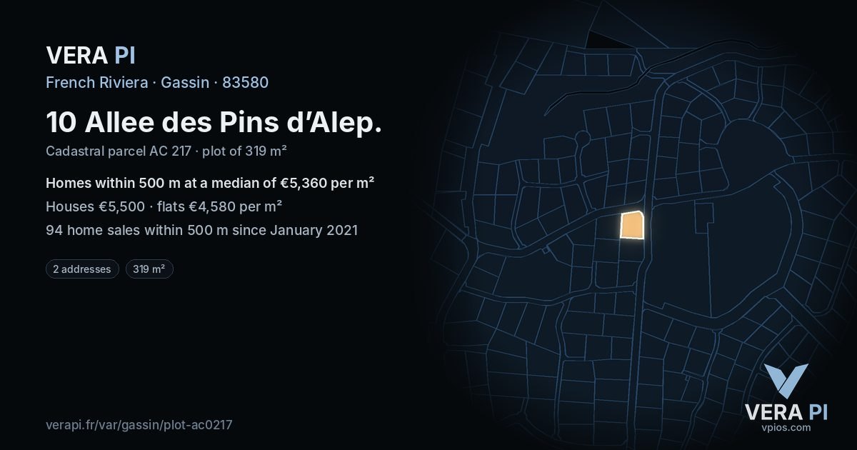 10 Allee des Pins d’Alep, Gassin at night – the plot lit, the parcels around coloured by the prices near them