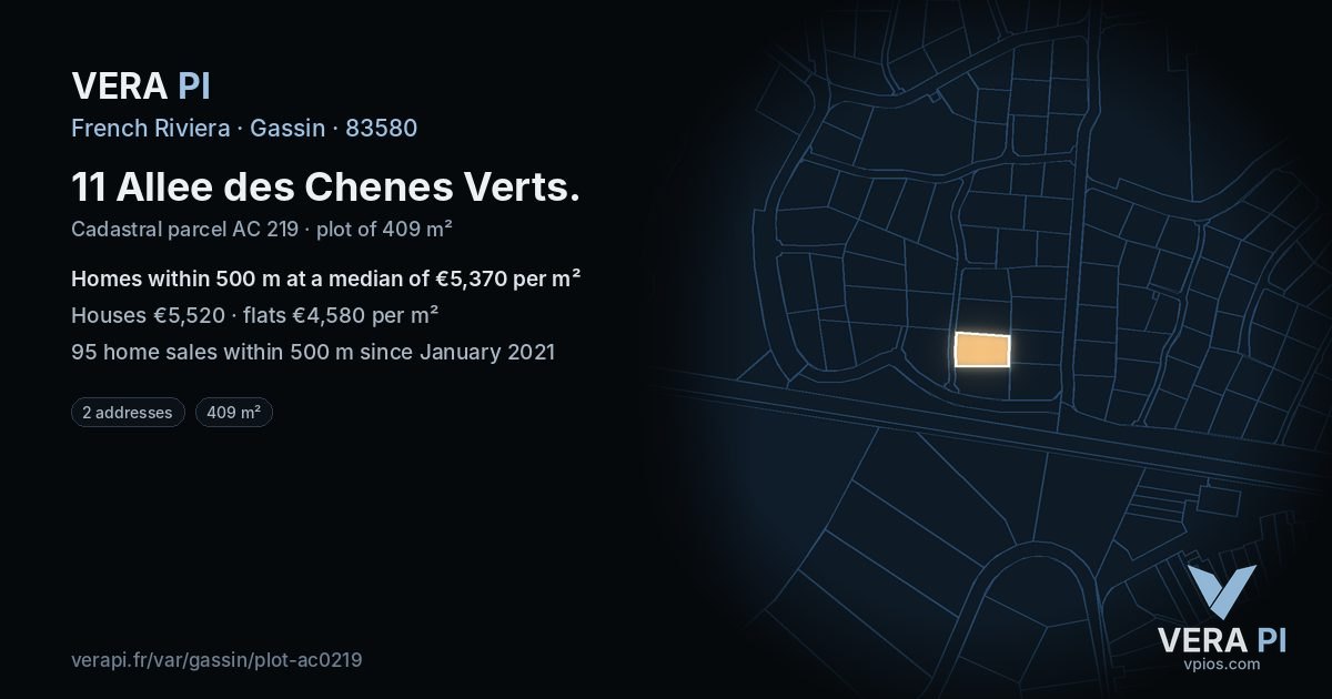 11 Allee des Chenes Verts, Gassin at night – the plot lit, the parcels around coloured by the prices near them