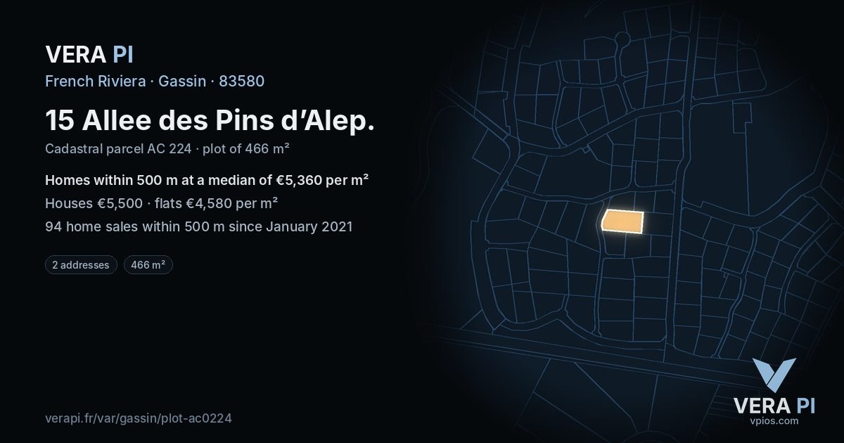 15 Allee des Pins d’Alep, Gassin at night – the plot lit, the parcels around coloured by the prices near them