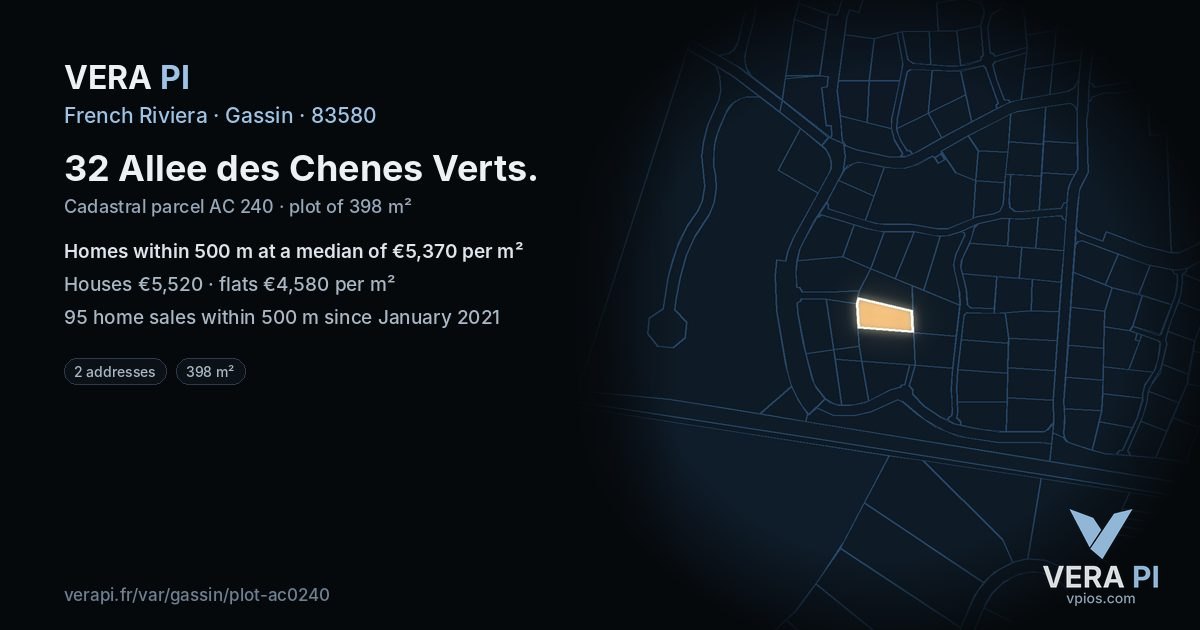 32 Allee des Chenes Verts, Gassin at night – the plot lit, the parcels around coloured by the prices near them