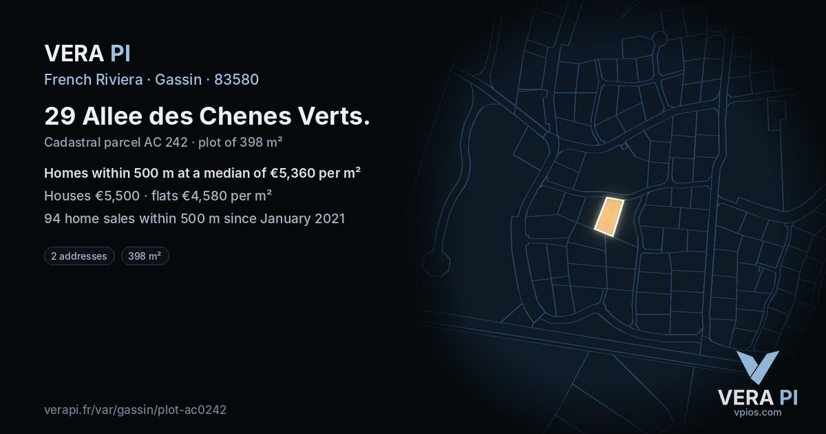 29 Allee des Chenes Verts, Gassin at night – the plot lit, the parcels around coloured by the prices near them