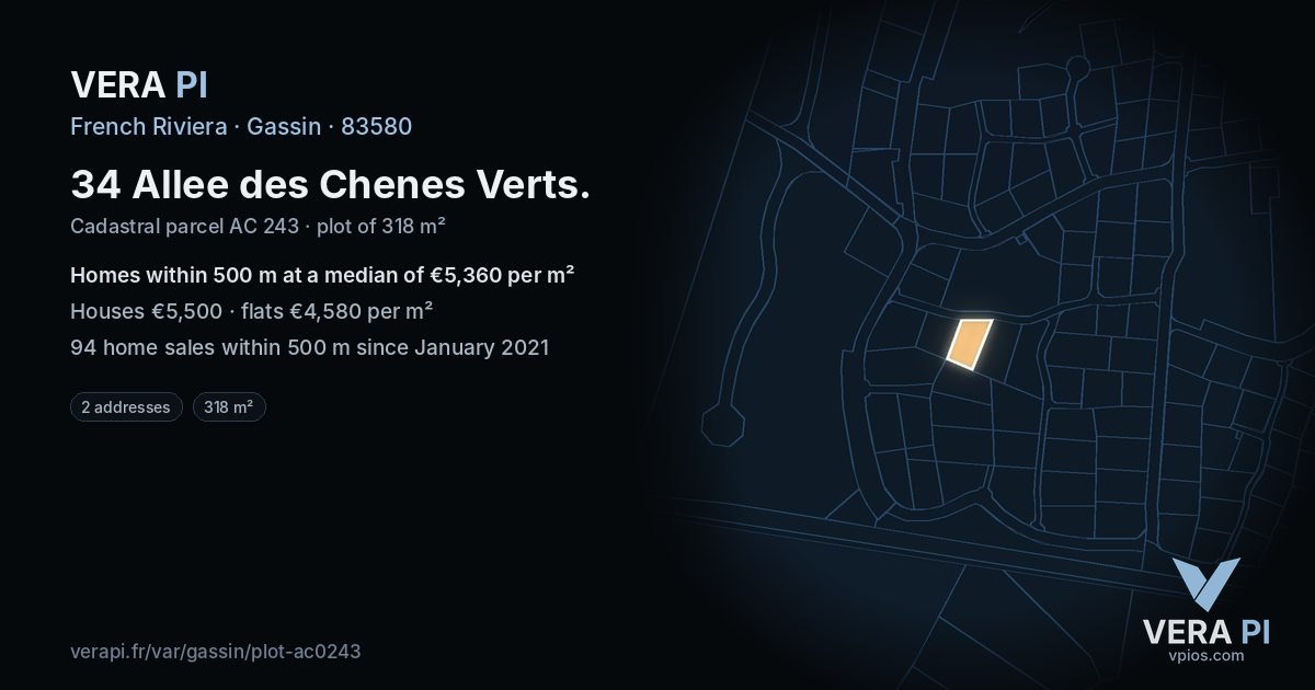 34 Allee des Chenes Verts, Gassin at night – the plot lit, the parcels around coloured by the prices near them