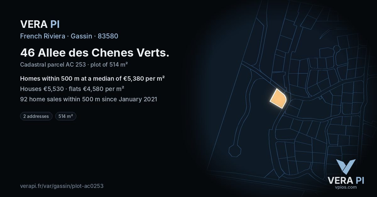 46 Allee des Chenes Verts, Gassin at night – the plot lit, the parcels around coloured by the prices near them