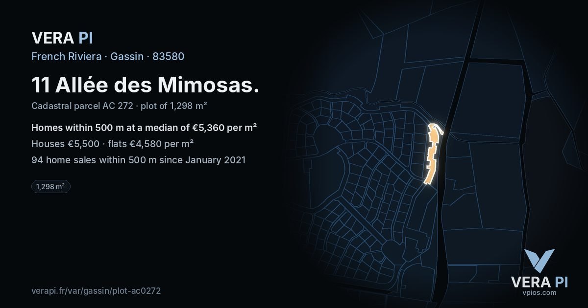 11 Allée des Mimosas, Gassin at night – the plot lit, the parcels around coloured by the prices near them