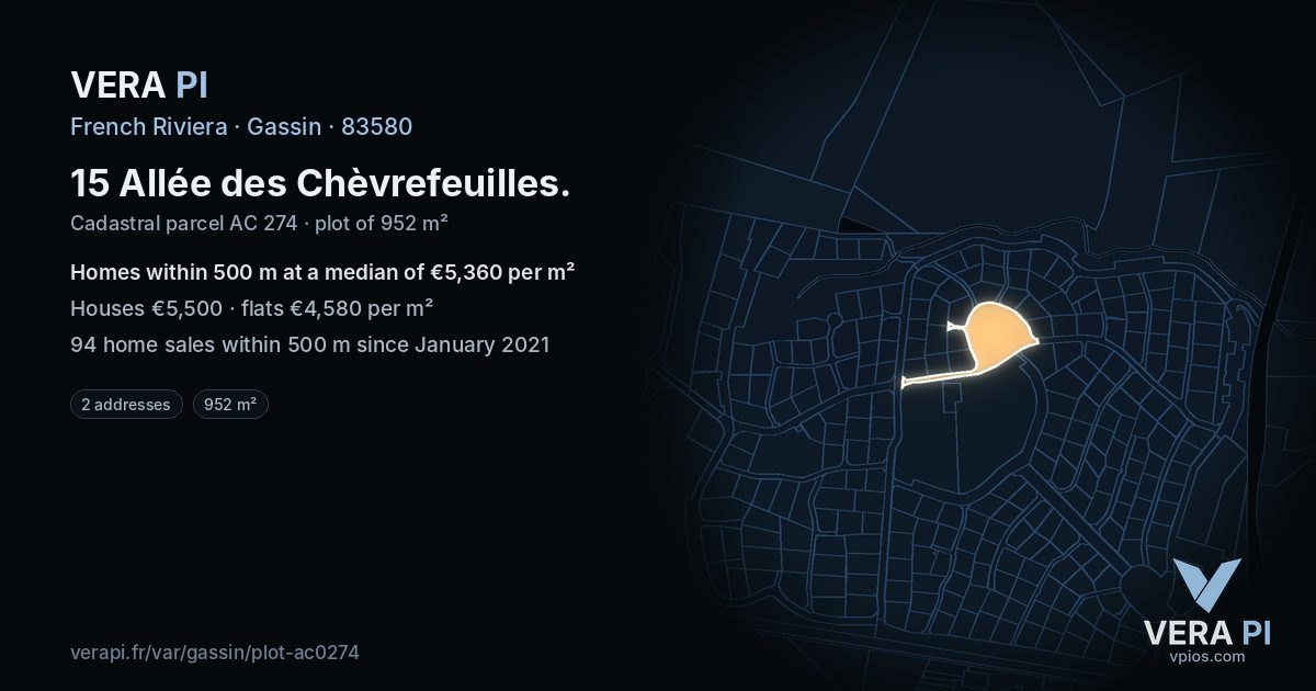 15 Allée des Chèvrefeuilles, Gassin at night – the plot lit, the parcels around coloured by the prices near them