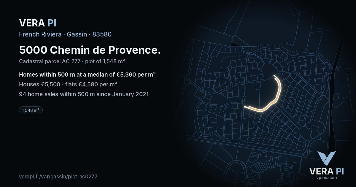 5000 Chemin de Provence, Gassin at night – the plot lit, the parcels around coloured by the prices near them