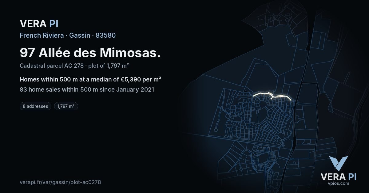 97 Allée des Mimosas, Gassin at night – the plot lit, the parcels around coloured by the prices near them
