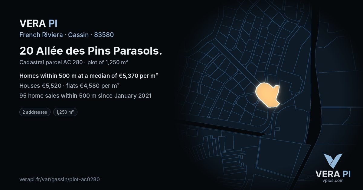 20 Allée des Pins Parasols, Gassin at night – the plot lit, the parcels around coloured by the prices near them