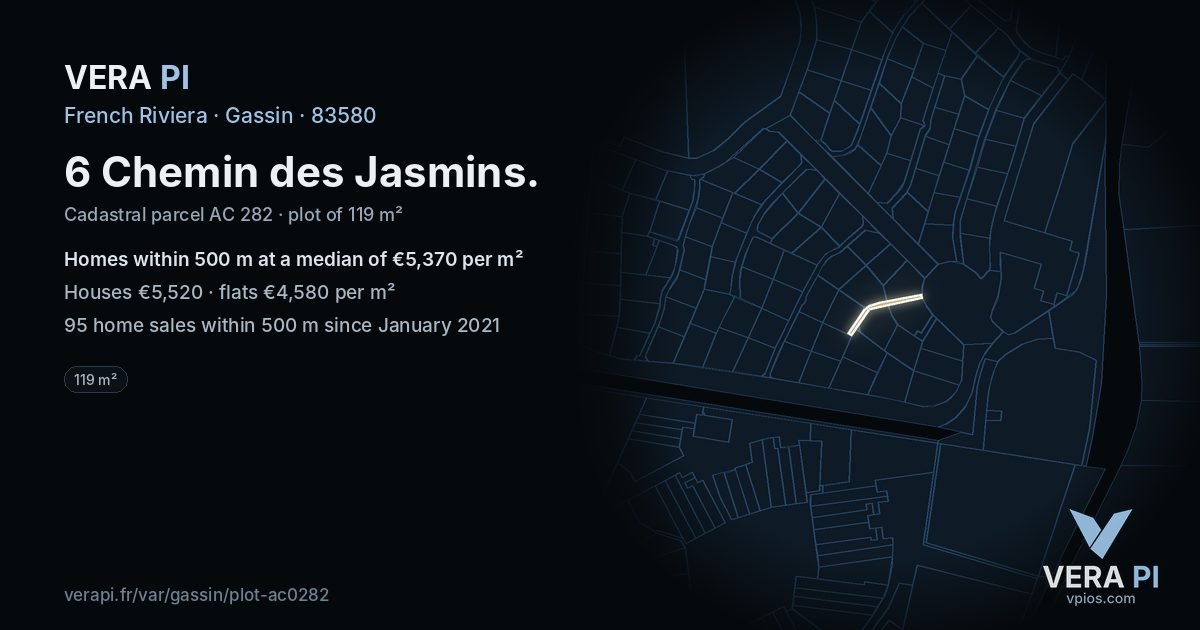 6 Chemin des Jasmins, Gassin at night – the plot lit, the parcels around coloured by the prices near them