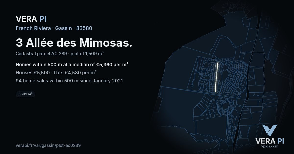 3 Allée des Mimosas, Gassin at night – the plot lit, the parcels around coloured by the prices near them