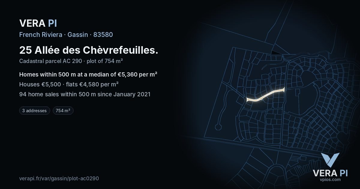 25 Allée des Chèvrefeuilles, Gassin at night – the plot lit, the parcels around coloured by the prices near them