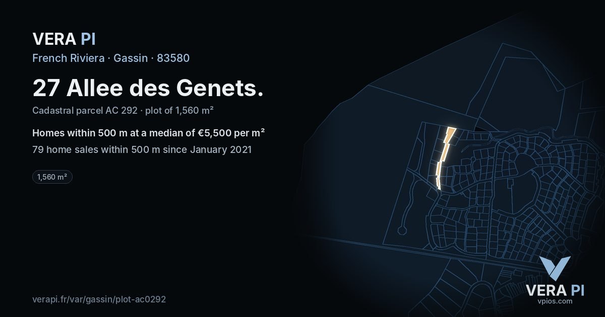 27 Allee des Genets, Gassin at night – the plot lit, the parcels around coloured by the prices near them