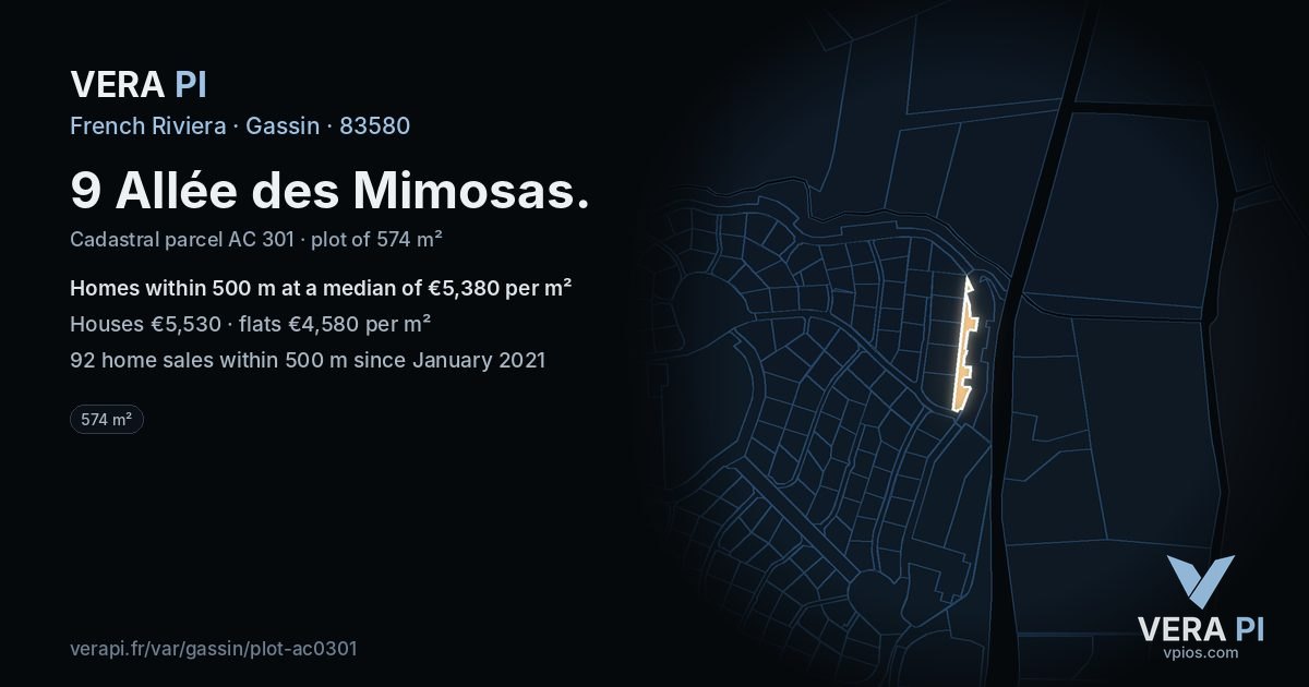 9 Allée des Mimosas, Gassin at night – the plot lit, the parcels around coloured by the prices near them