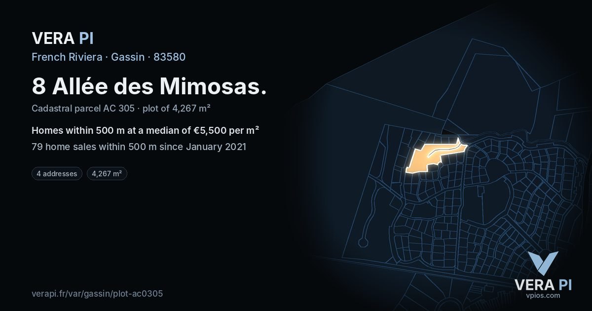 8 Allée des Mimosas, Gassin at night – the plot lit, the parcels around coloured by the prices near them