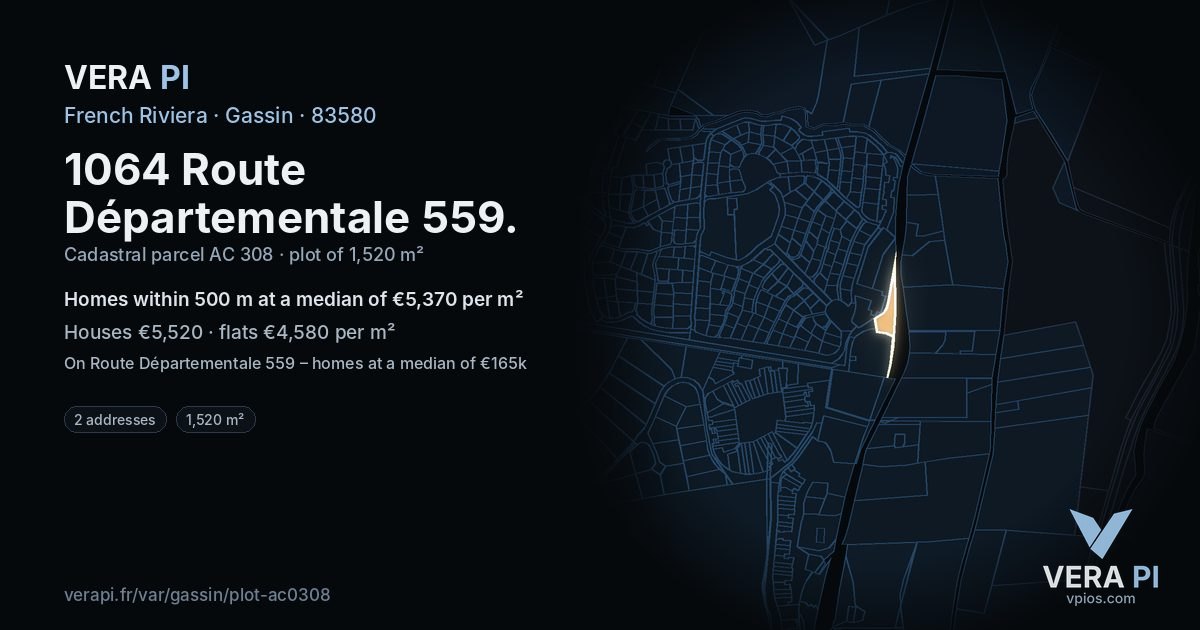 1064 Route Départementale 559, Gassin at night – the plot lit, the parcels around coloured by the prices near them