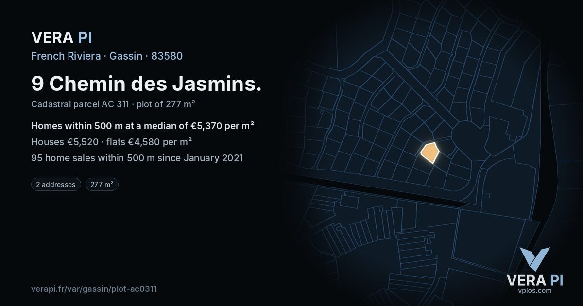 9 Chemin des Jasmins, Gassin at night – the plot lit, the parcels around coloured by the prices near them