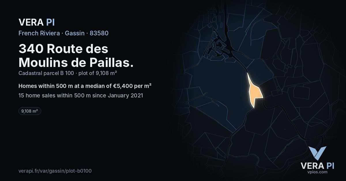 340 Route des Moulins de Paillas, Gassin at night – the plot lit, the parcels around coloured by the prices near them