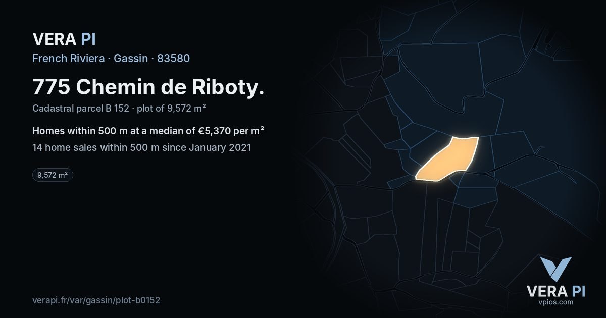 775 Chemin de Riboty, Gassin at night – the plot lit, the parcels around coloured by the prices near them