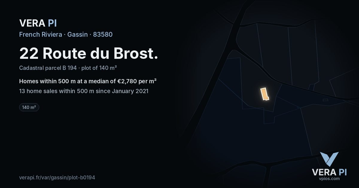 22 Route du Brost, Gassin at night – the plot lit, the parcels around coloured by the prices near them