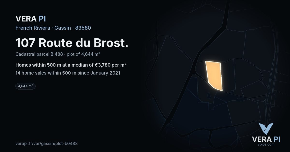 107 Route du Brost, Gassin at night – the plot lit, the parcels around coloured by the prices near them