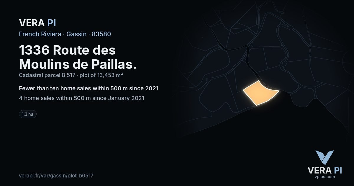 1336 Route des Moulins de Paillas, Gassin at night – the plot lit, the parcels around coloured by the prices near them